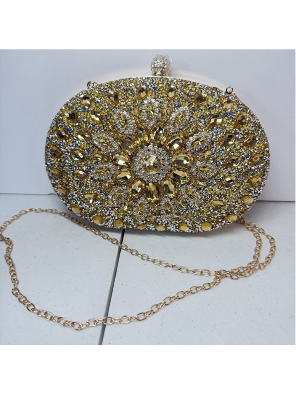 Gold Rhinestone Chain Clutch Purse Luxury Prom Wedding Evening New